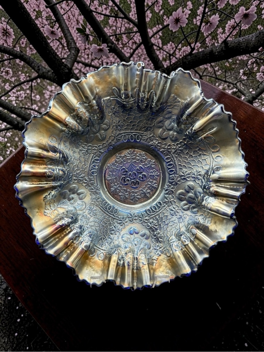 Fenton Cherry Chain Orange Tree Cobalt Blue Carnival Glass Master Bowl 10”